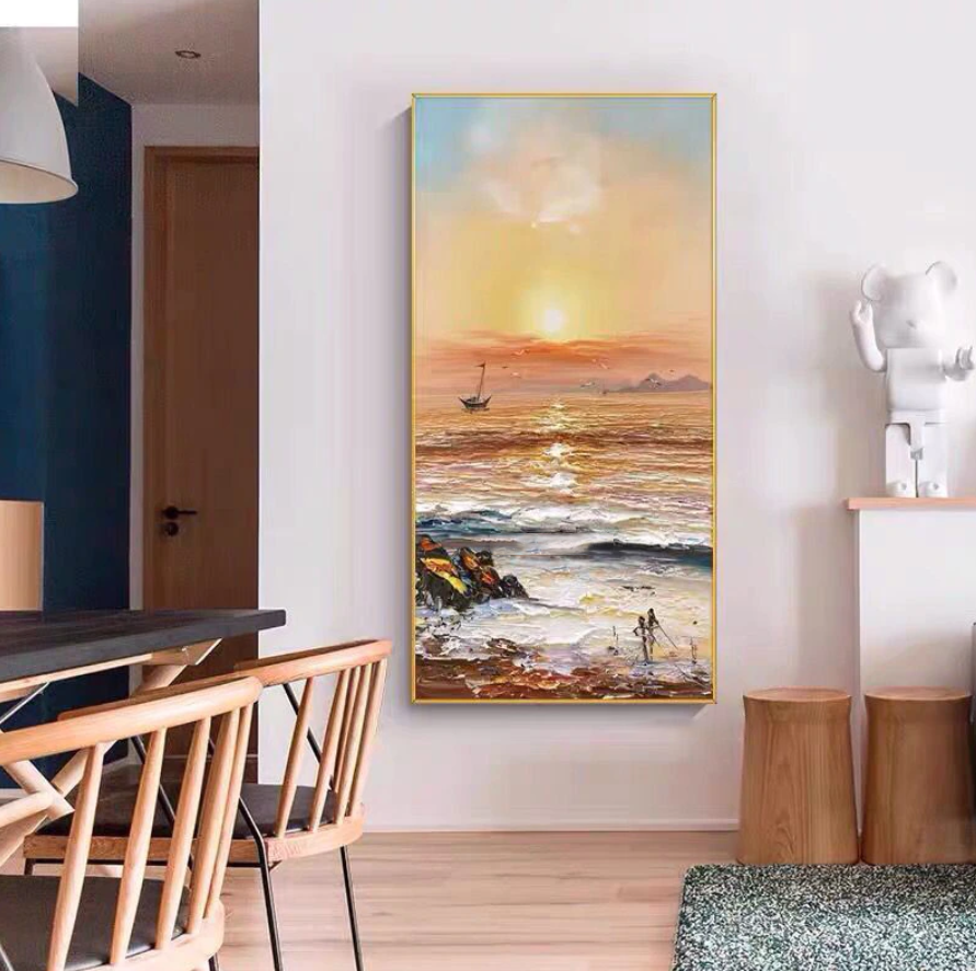 a living room with a painting on the wall