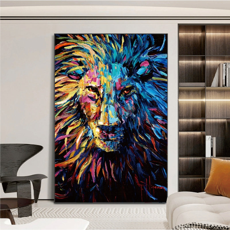 a living room with a large painting of a lion