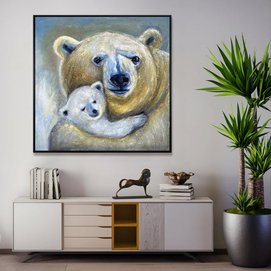 a large painting of a mother polar bear holding her cub, hanging on a wall above a white cabinet with a decorative horse figurine on top.