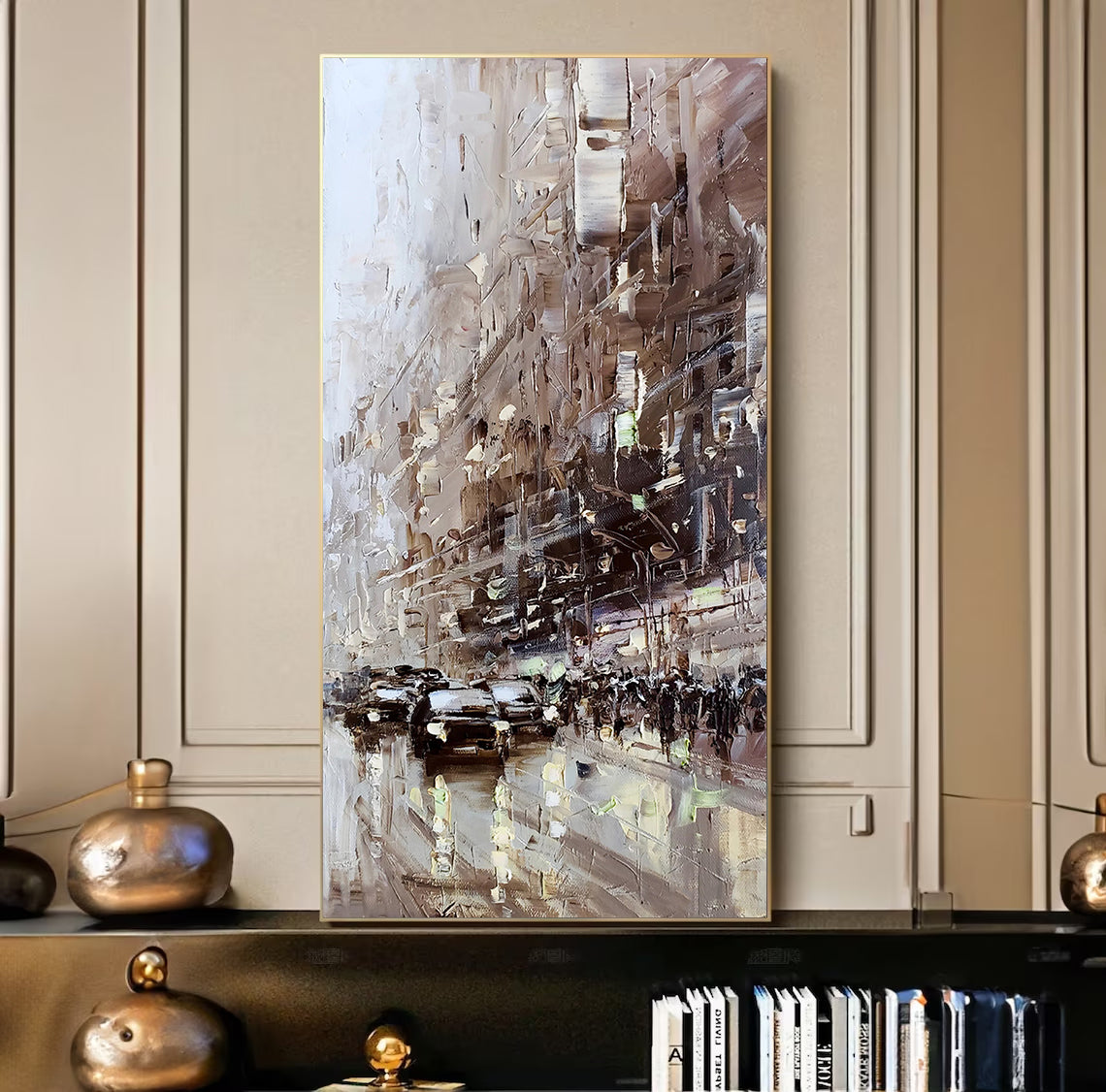 a painting of a city street with cars on it