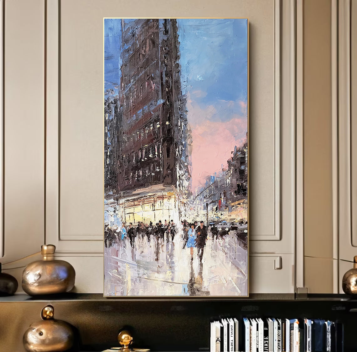 a painting of people walking down a street