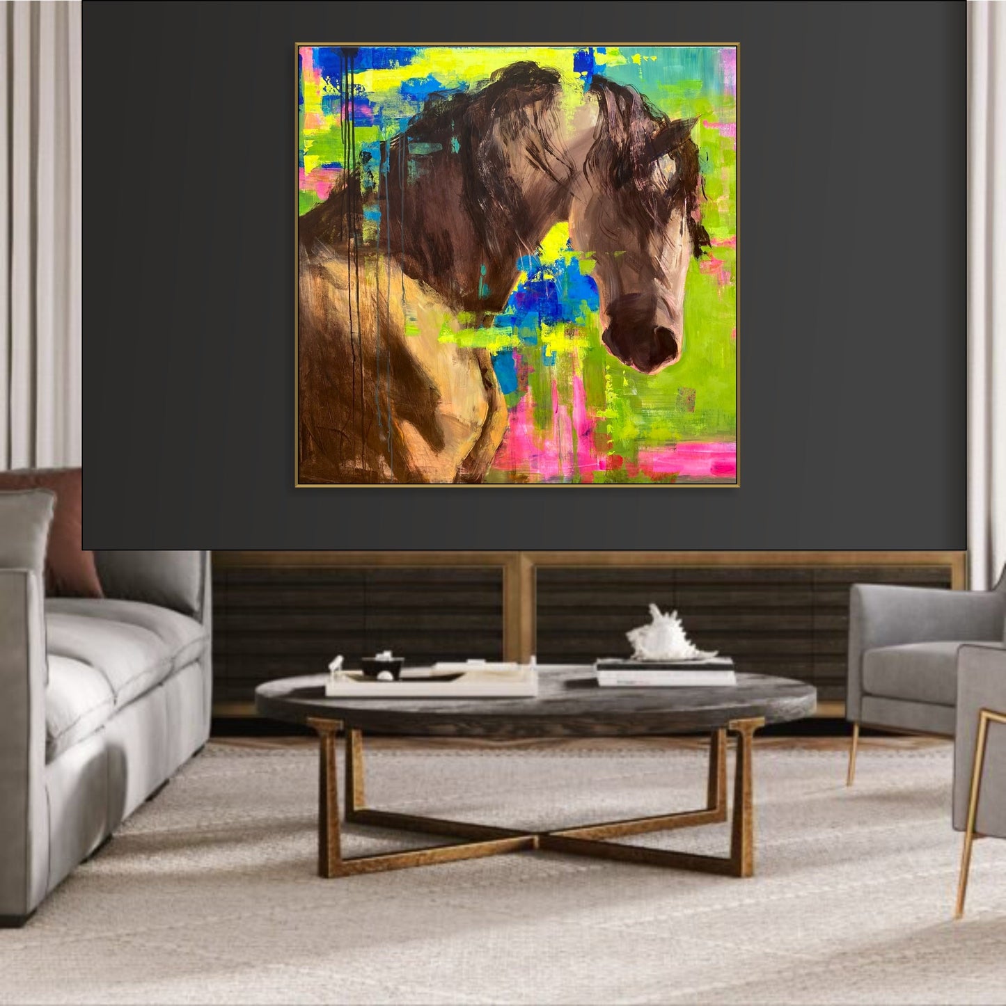 a painting of a horse in a living room