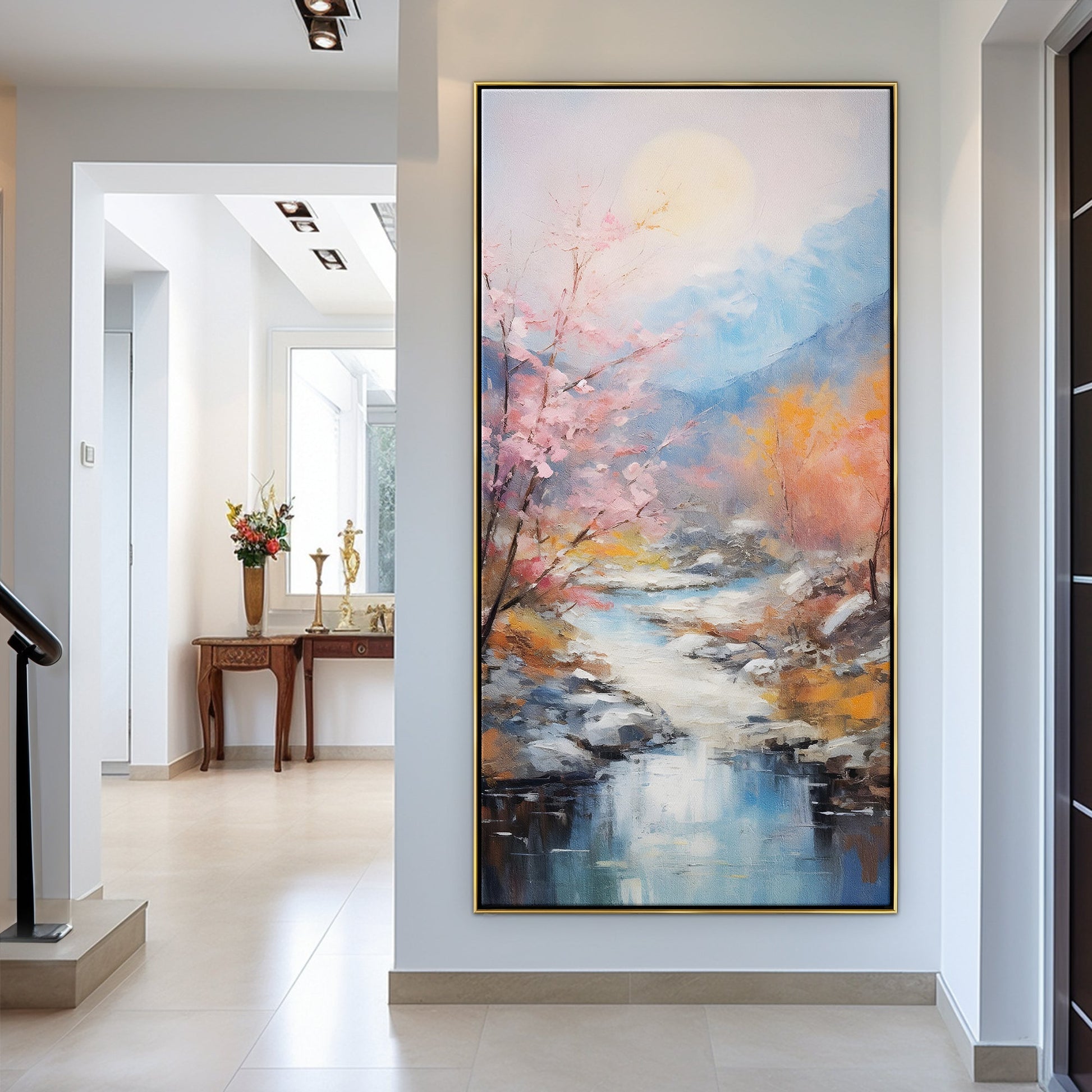 a painting hanging on the wall of a hallway