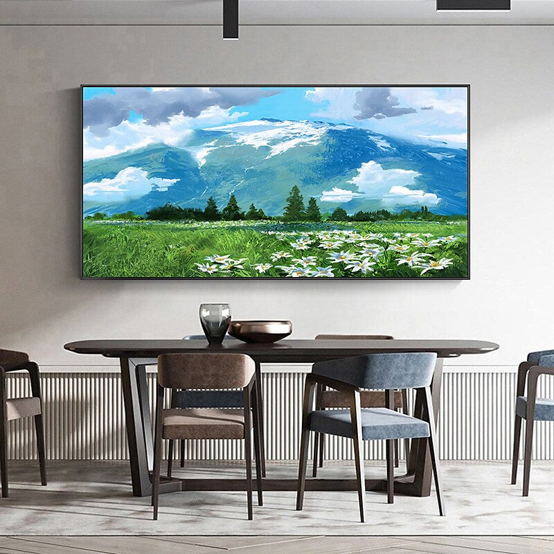 a dining room table with chairs and a painting on the wall