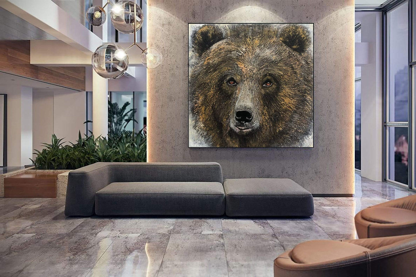 a living room with a large painting of a bear on the wall