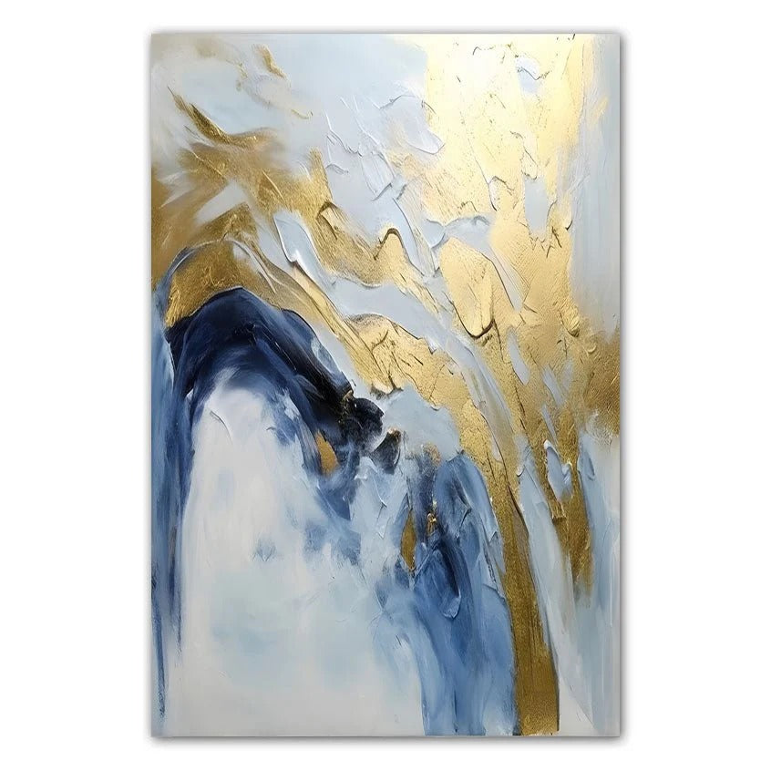 The image is an abstract painting with a combination of blue and gold colors. The painting features a dynamic and expressive style, with brushstrokes and textures that create a sense of movement and energy.
