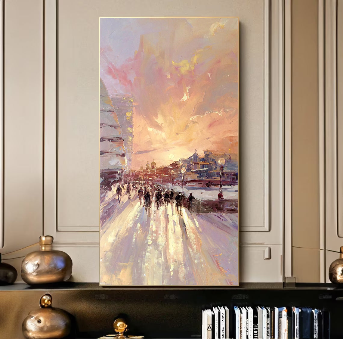 a painting of people walking down a street