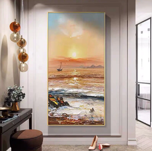 a painting of a sunset over a beach