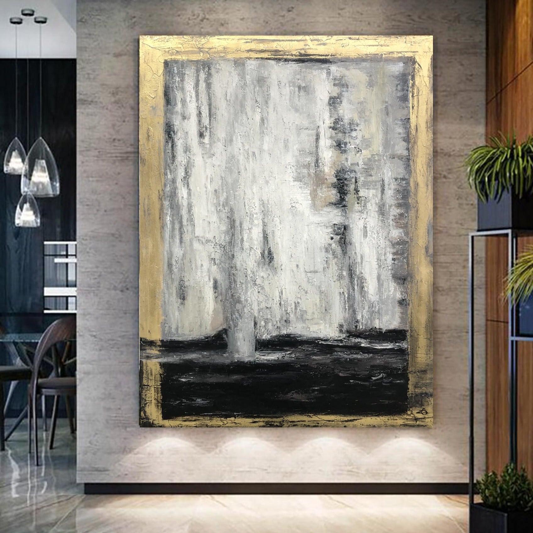 a painting hanging on a wall in a room