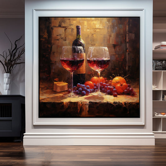 a painting of two glasses of wine and a bottle of wine