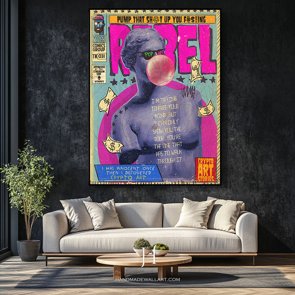 a living room with a couch and a painting on the wall