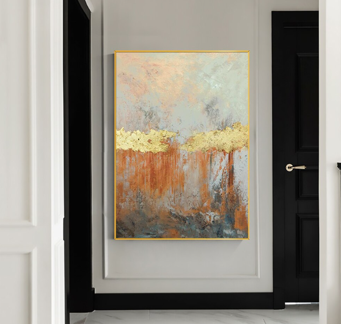 a painting hanging on a wall next to a doorway