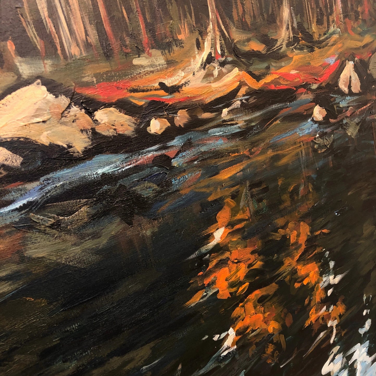 The image is an abstract painting featuring a river with a mix of dark and light colors, creating a dynamic and visually striking composition.