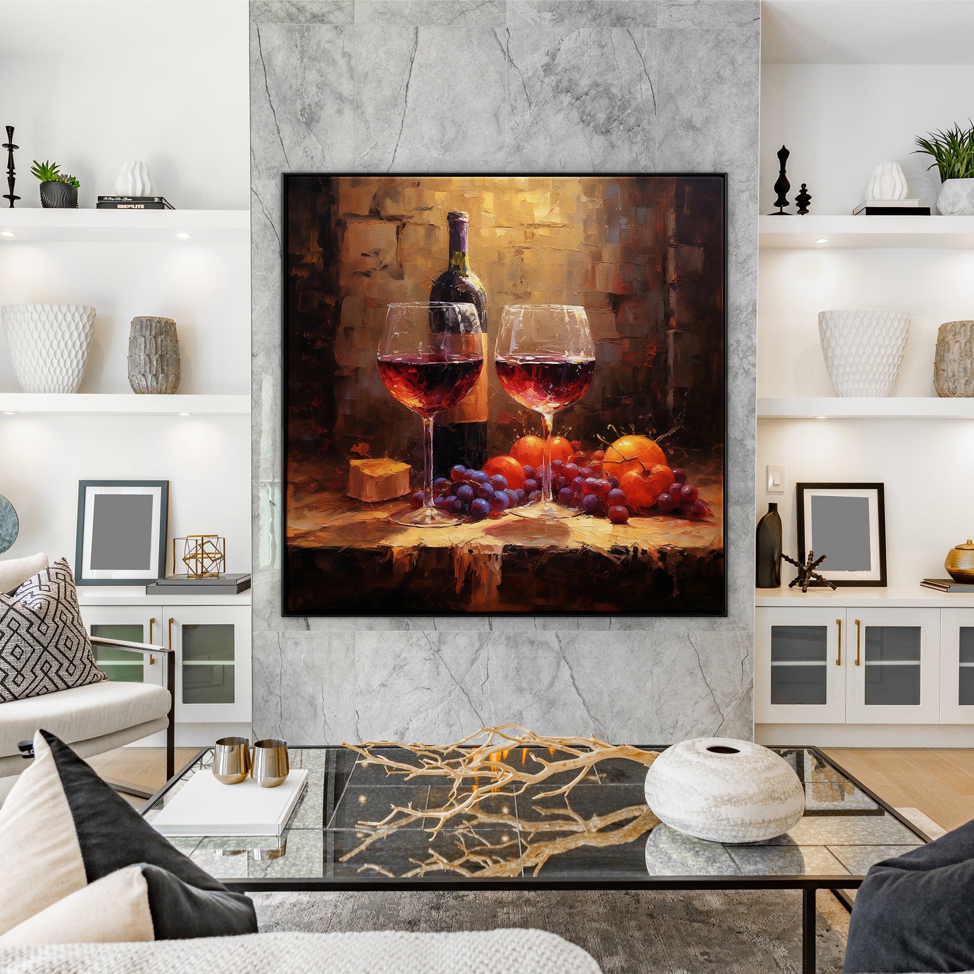 a painting of two glasses of wine and fruit on a table