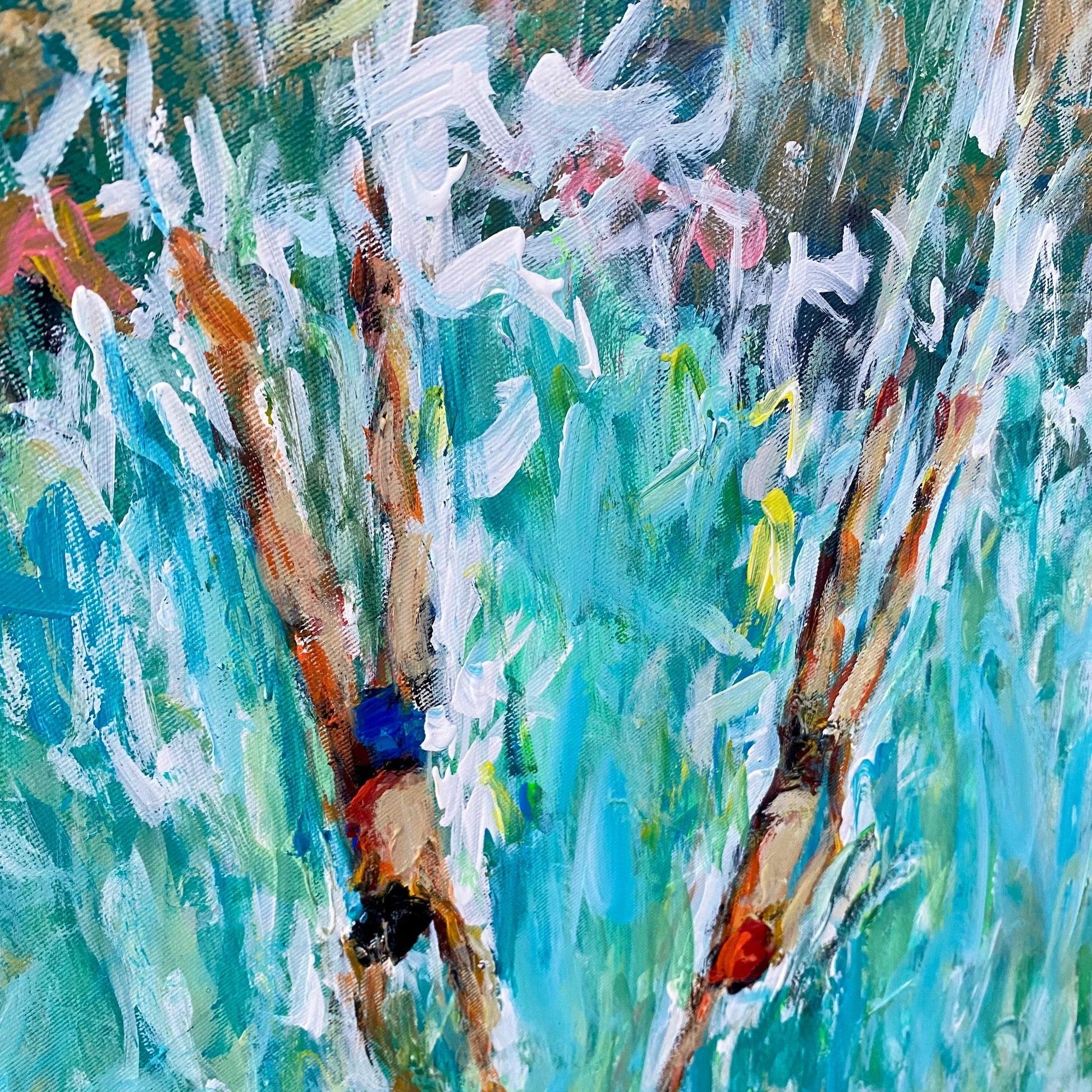 The image is an abstract painting depicting two figures in the water, with vibrant colors and brushstrokes creating a dynamic and energetic composition.