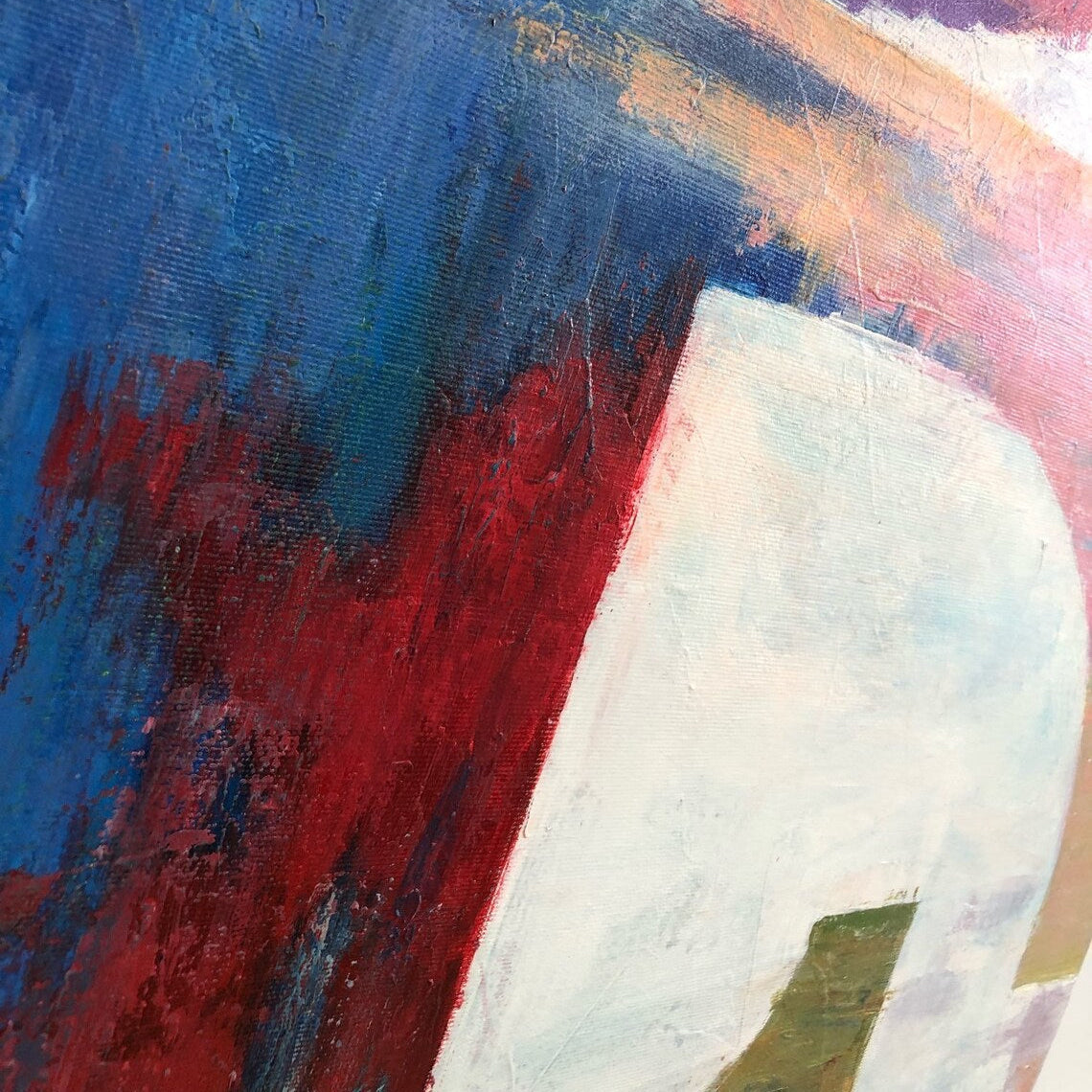 The image is an abstract painting with bold brushstrokes in red, blue, and white colors. The painting features a mix of thick and thin strokes, creating a dynamic and energetic composition.