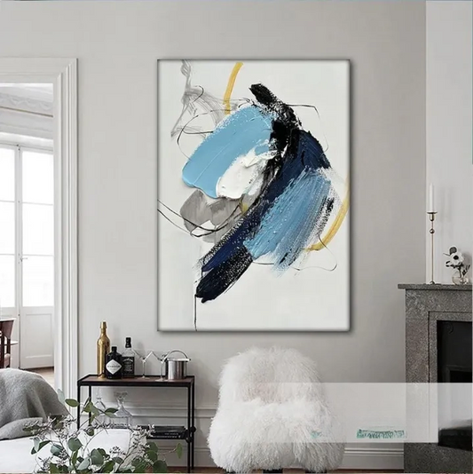 a modern abstract painting hanging on a wall in a living room.