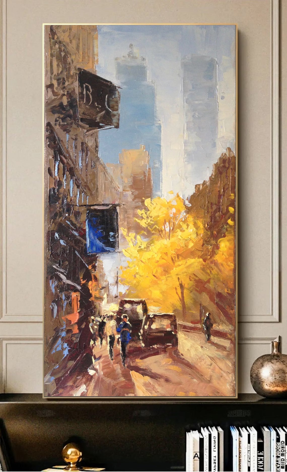 a painting of a city street with a yellow tree