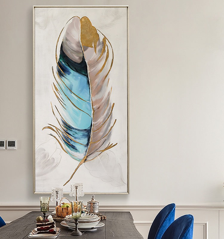 a dining room table with blue chairs and a painting on the wall