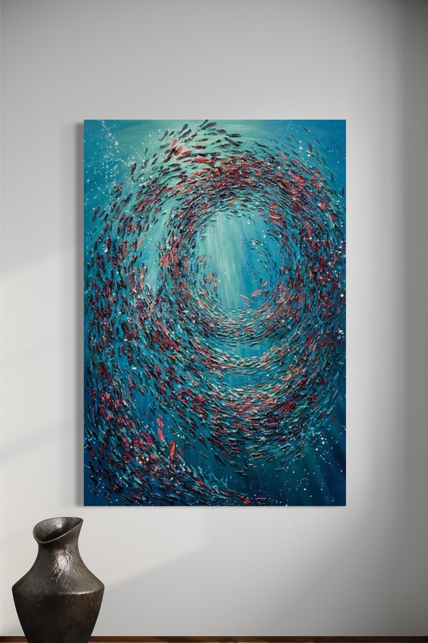 a painting of a school of fish in a blue ocean