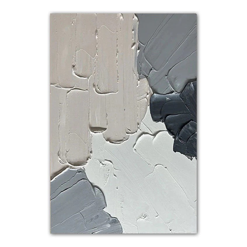 The image is a painting featuring a textured background with various shades of gray and white.