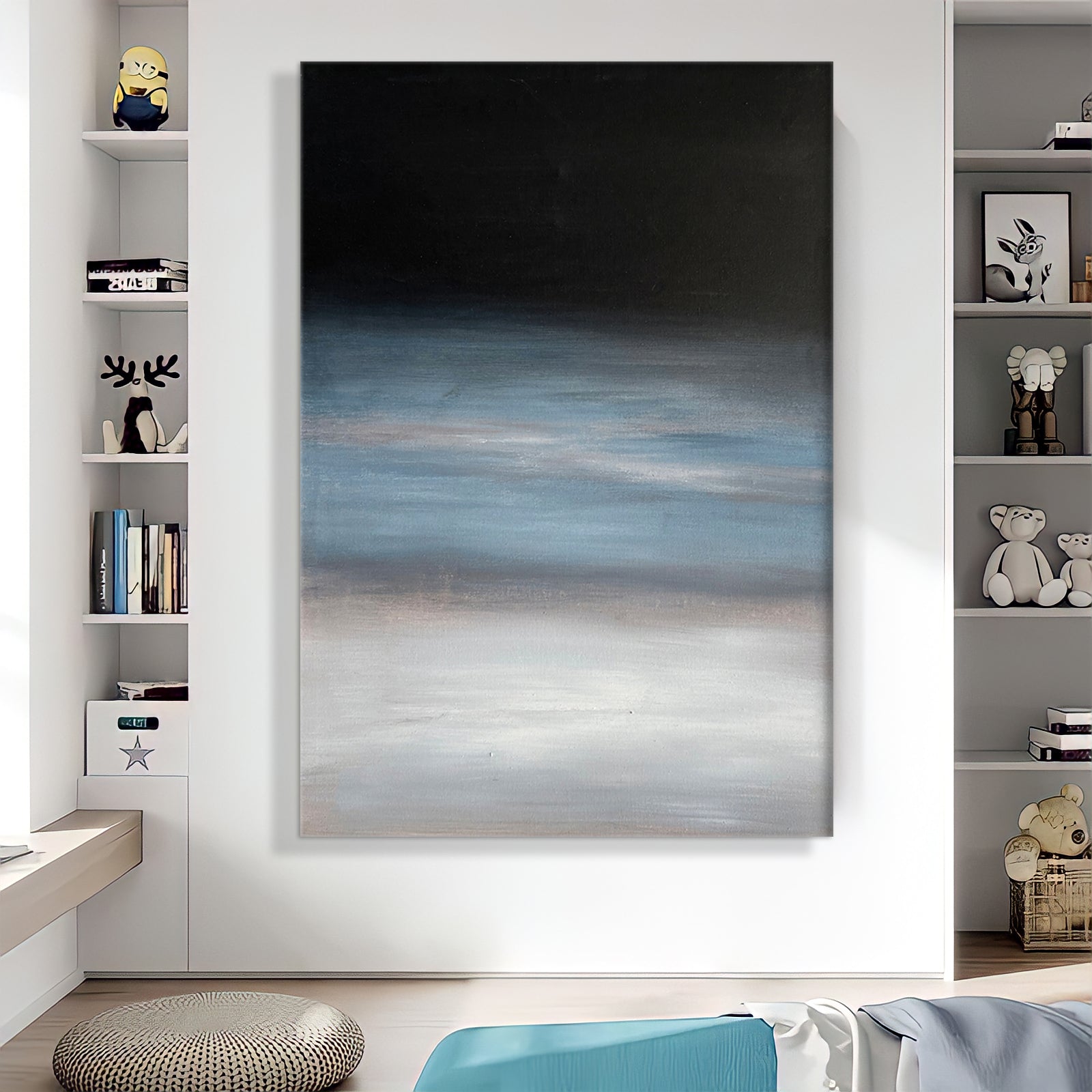 a painting is hanging on a wall in a room