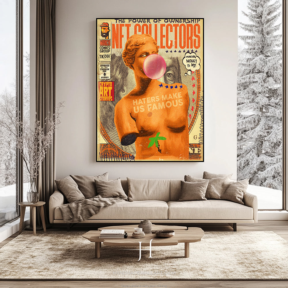 a living room with a couch and a painting on the wall
