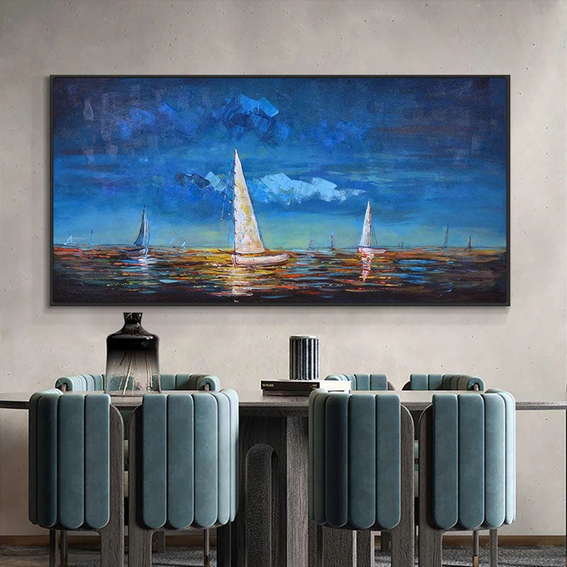 a painting of sailboats on a blue ocean