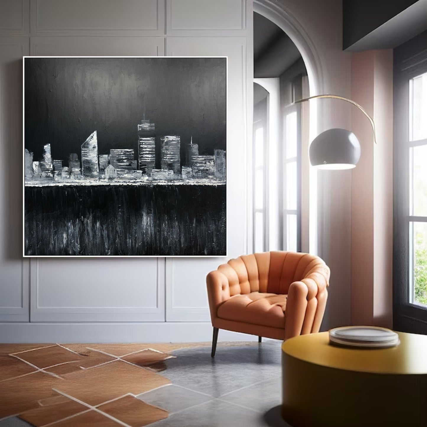 a living room with a chair and a painting on the wall