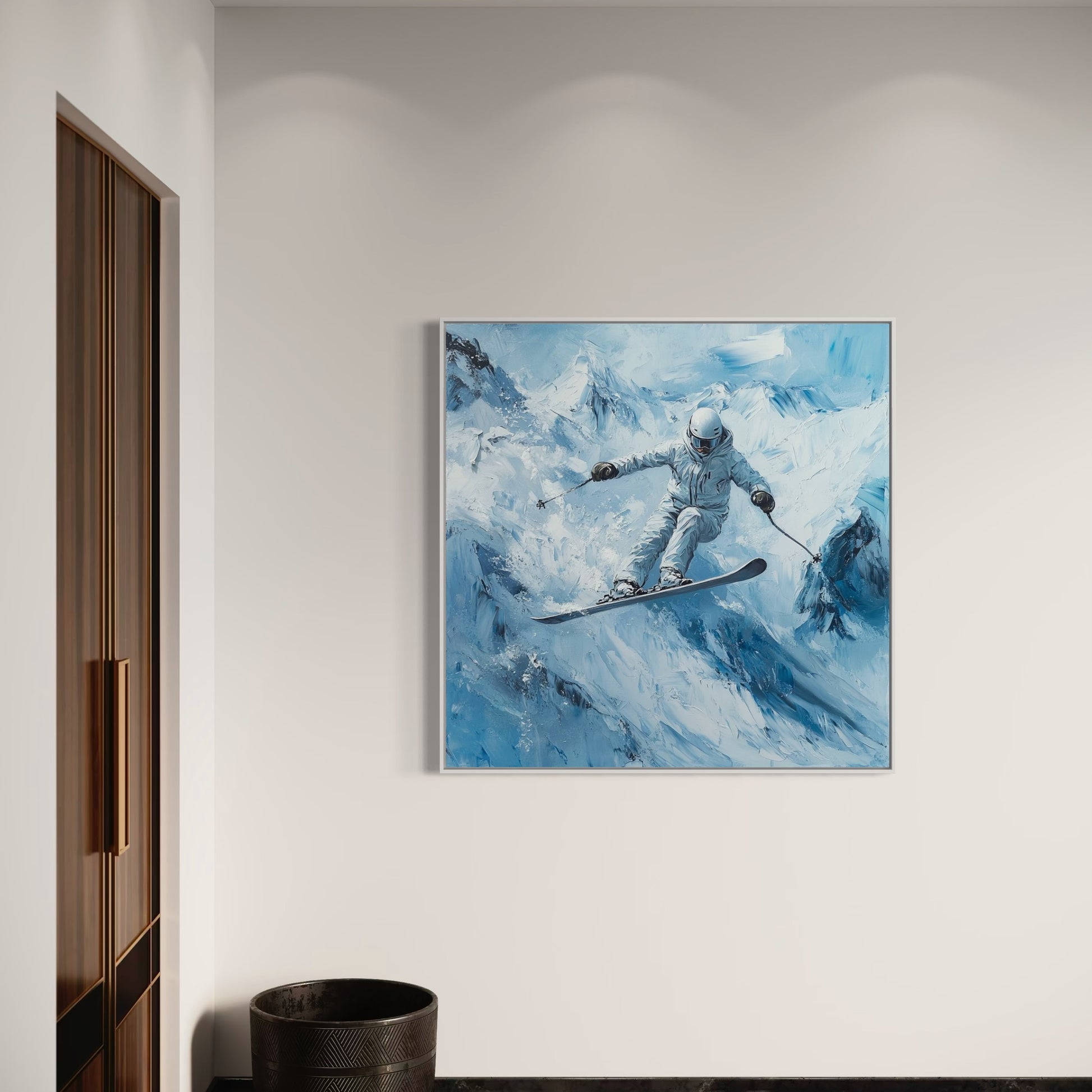 a painting of a skier is hanging on the wall