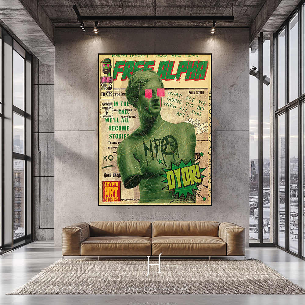 a living room with a couch and a painting on the wall