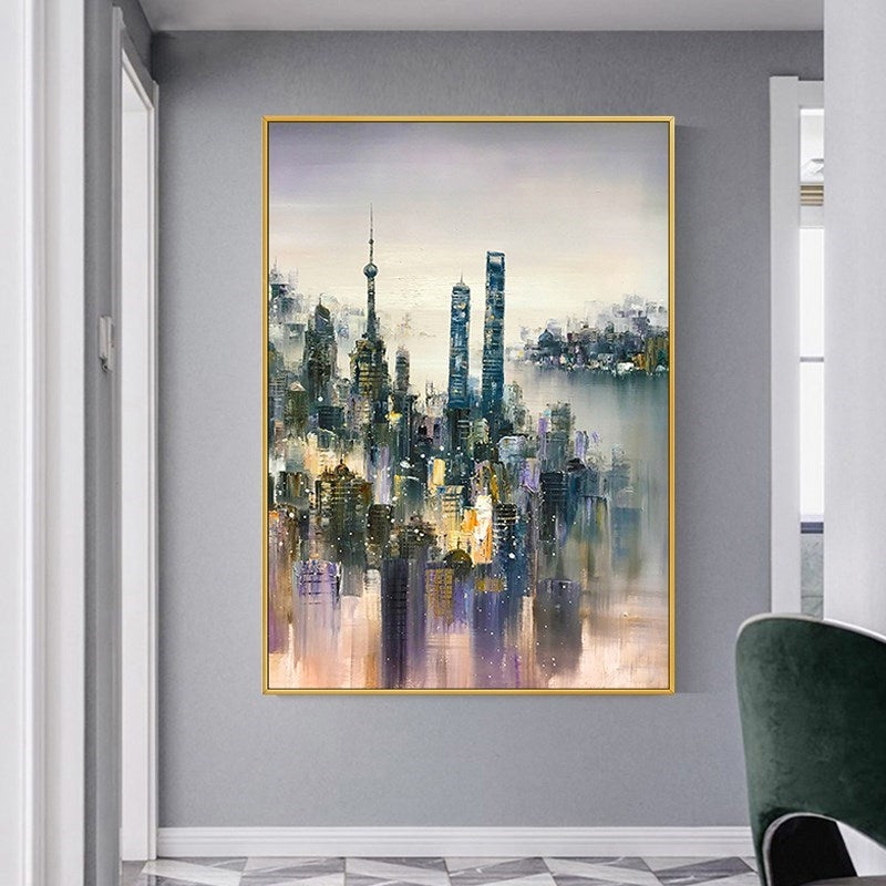 a painting hanging on a wall in a room