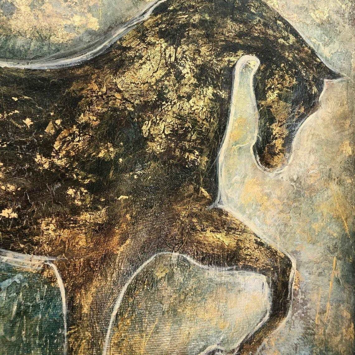The image is a close-up of a painting depicting a horse, with a dark background and a golden, textured appearance.