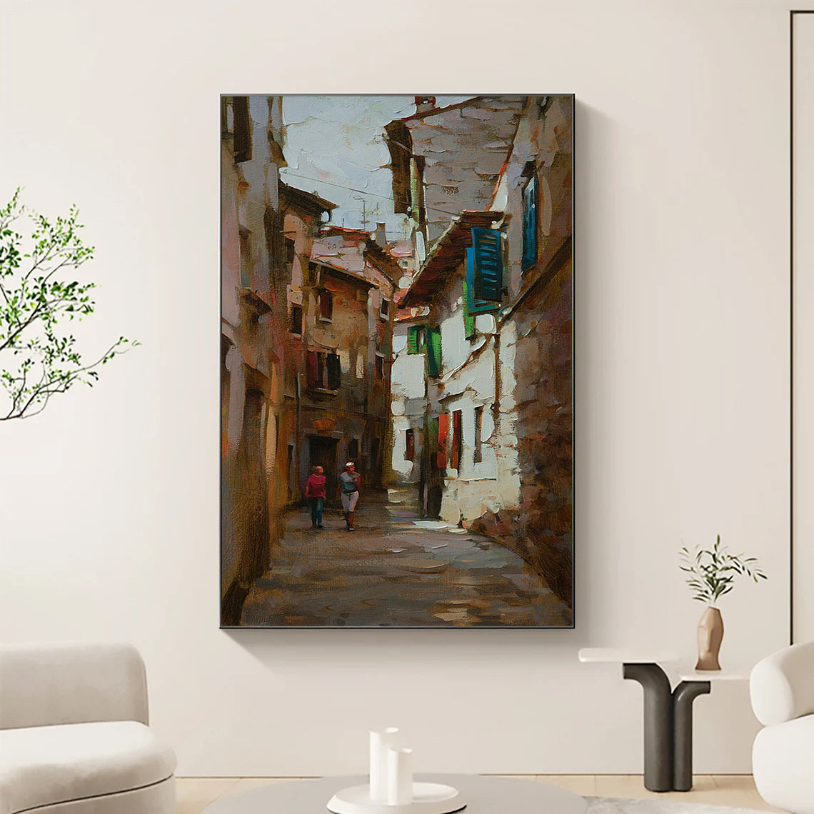 a painting of a man and a woman walking down a street