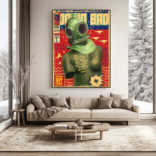 a living room with a couch and a painting on the wall