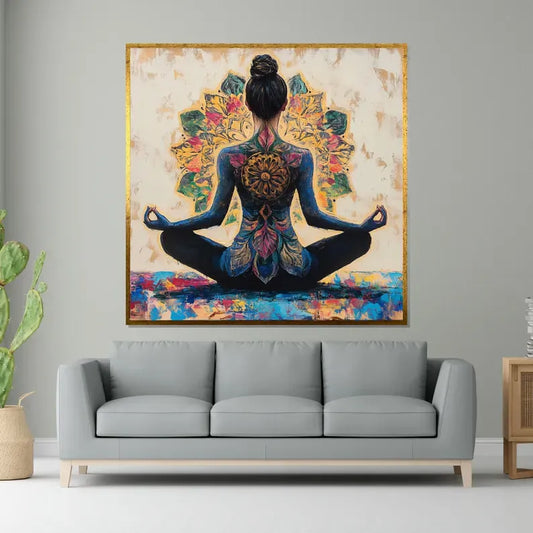 a large painting of a woman in a meditative pose, with a colorful and intricate design around her back. The painting is displayed on a wall above a gray sofa in a living room setting.
