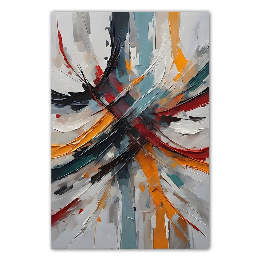 The image is an abstract painting with bold, vibrant colors and dynamic brushstrokes. The painting features a mix of red, orange, yellow, green, blue, and black colors, creating a visually striking and energetic composition.