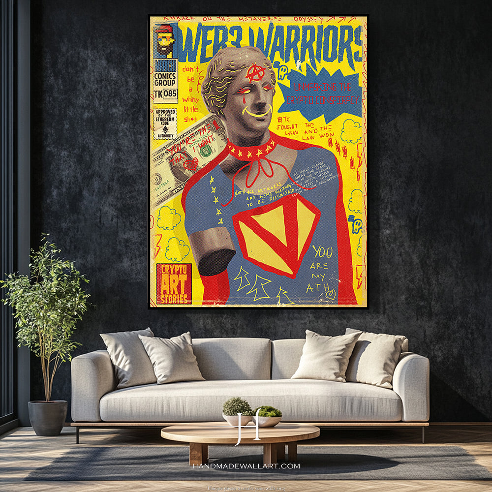 a living room with a couch and a painting on the wall