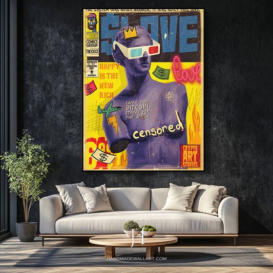 a living room with a couch and a painting on the wall
