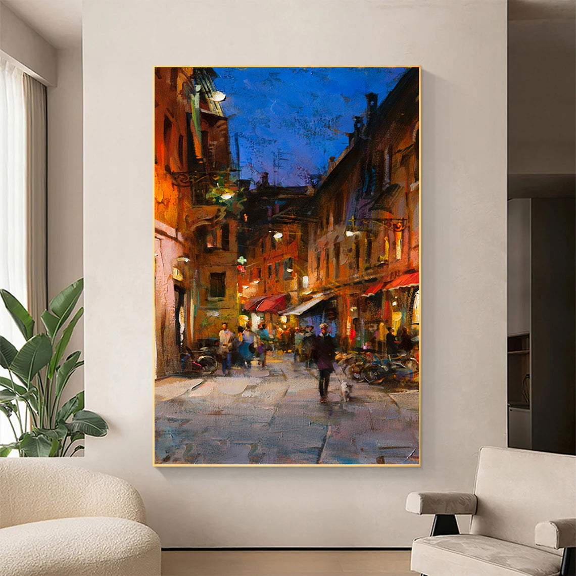 a painting of a city street at night