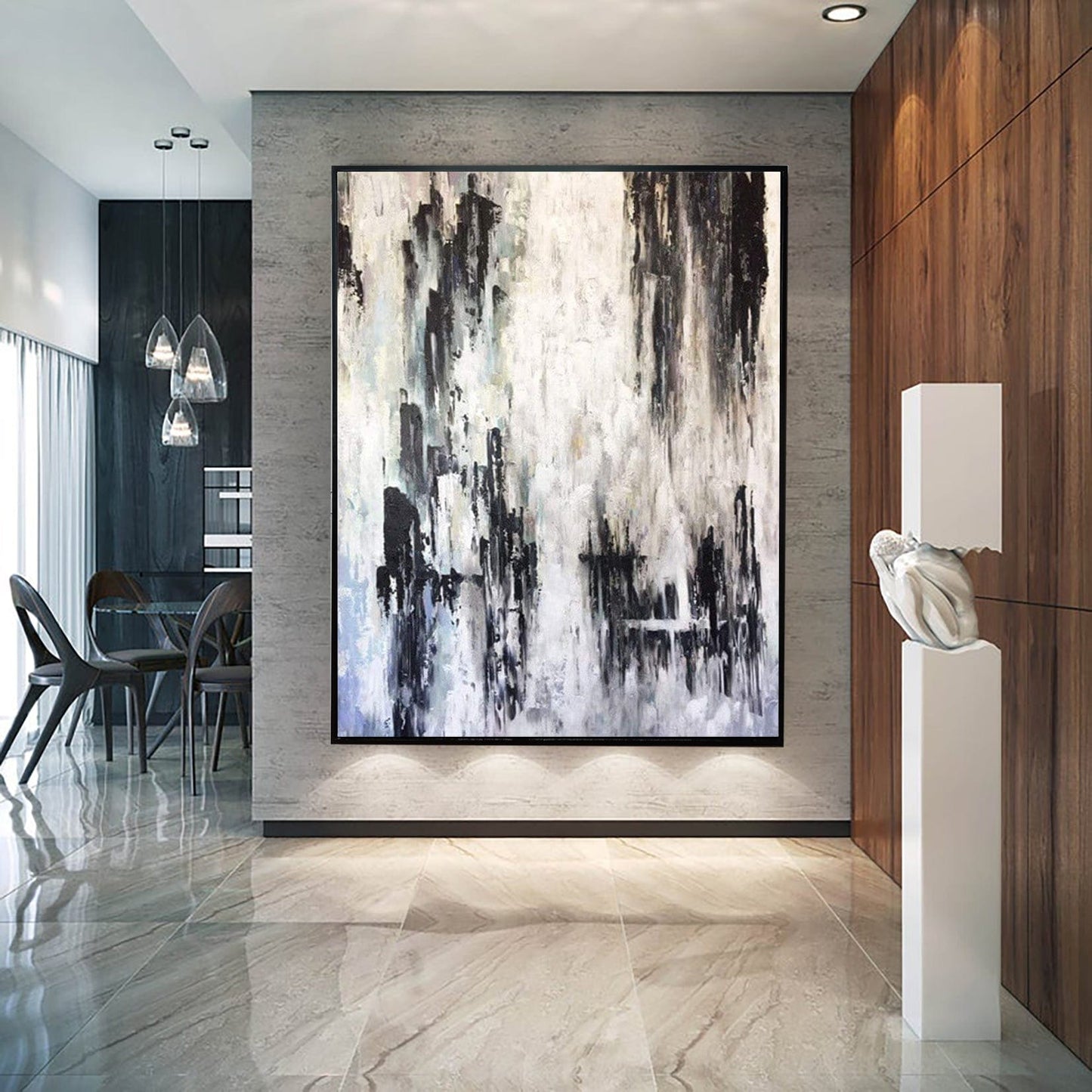 a modern and minimalist interior design with a large abstract painting as the focal point. The painting is displayed on a wall, and the room has a sleek and contemporary aesthetic with a combination of wood paneling, marble flooring, and modern furniture.