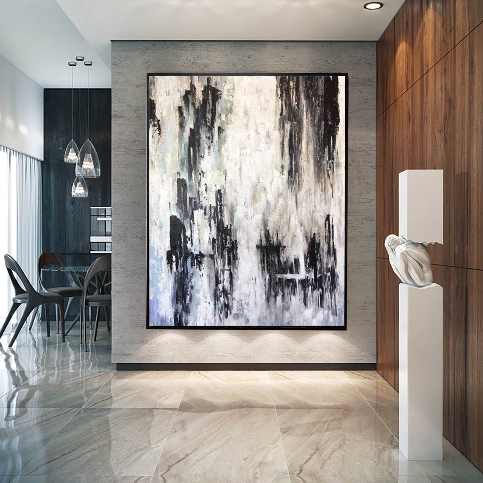 a modern and minimalist interior design with a large abstract painting as the focal point. The painting is displayed on a wall, and the room has a sleek and contemporary aesthetic with a combination of wood paneling, marble flooring, and modern furniture.