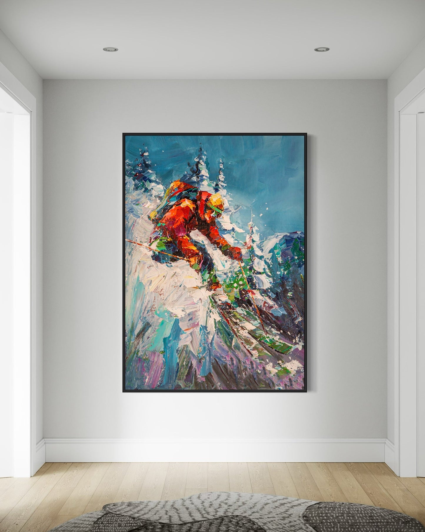 a painting of a person skiing on a mountain