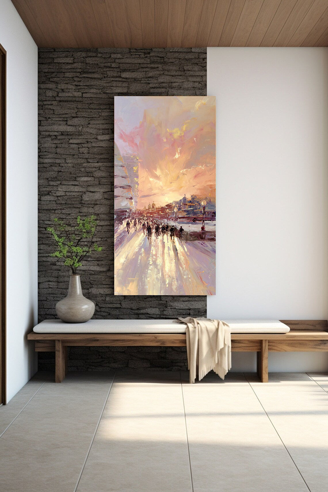 a painting of people walking down a street