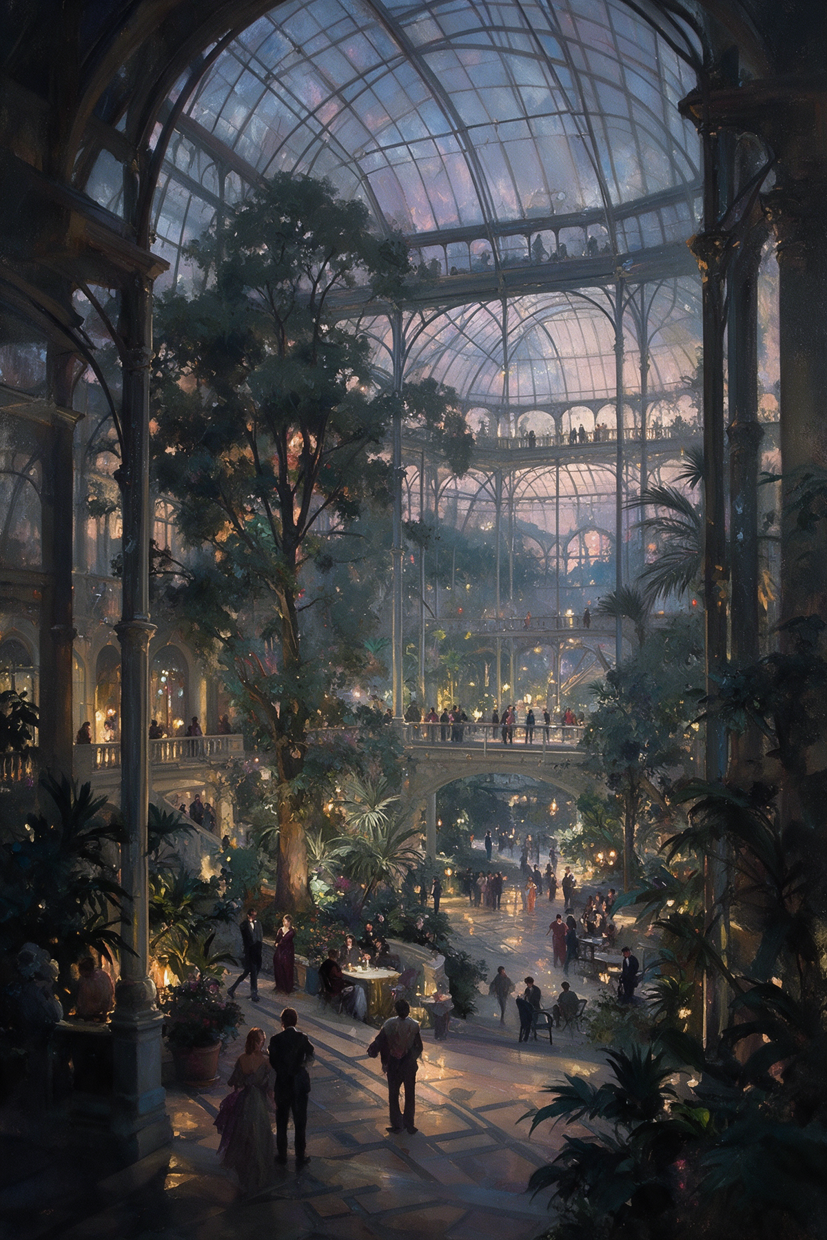 a grand, ornate building with a glass ceiling and a lush, tropical garden filled with various plants and trees. The building is illuminated, creating a warm and inviting atmosphere. People can be seen walking through the building and exploring the garden, adding a sense of liveliness and activity to the scene.