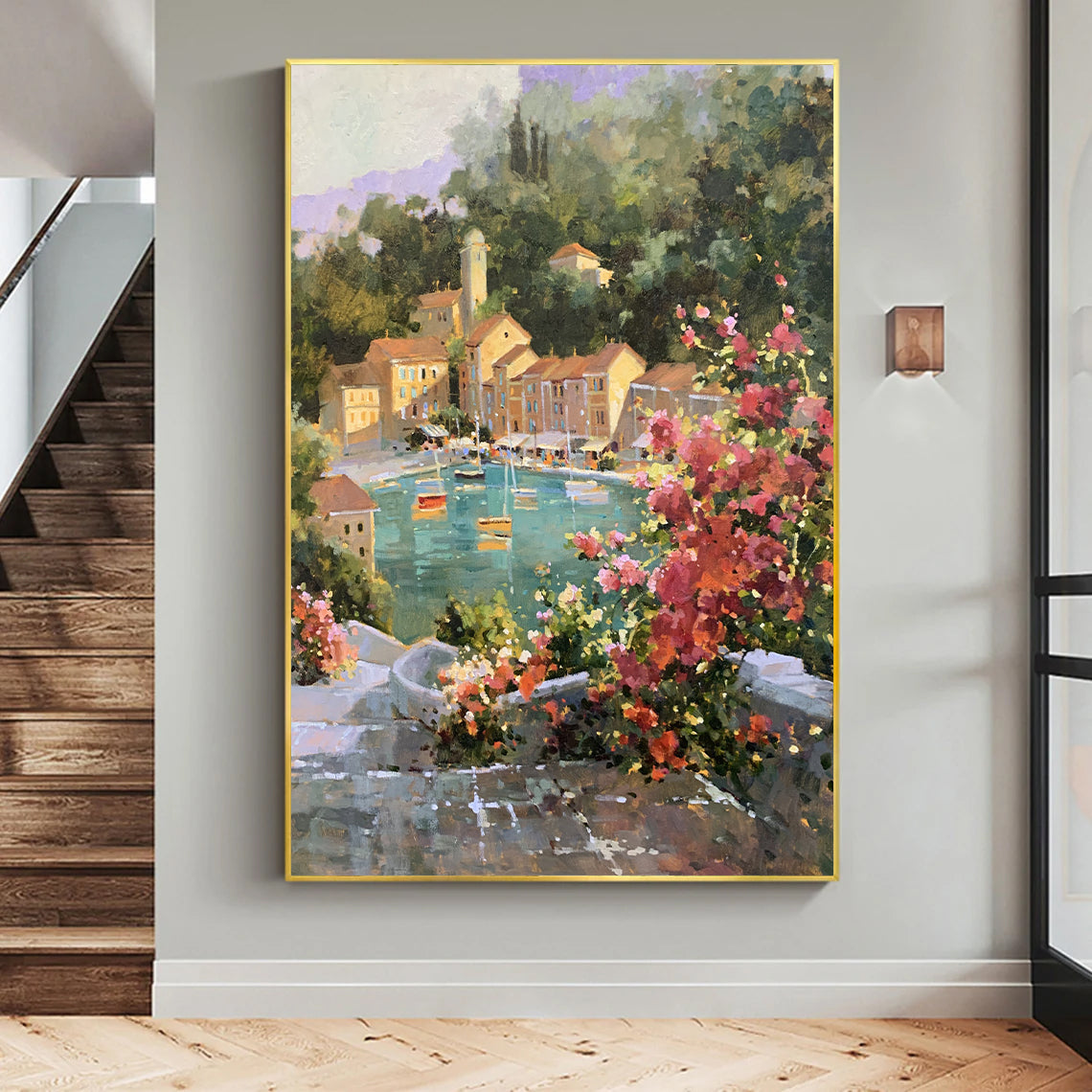 a painting hanging on a wall next to a stair case