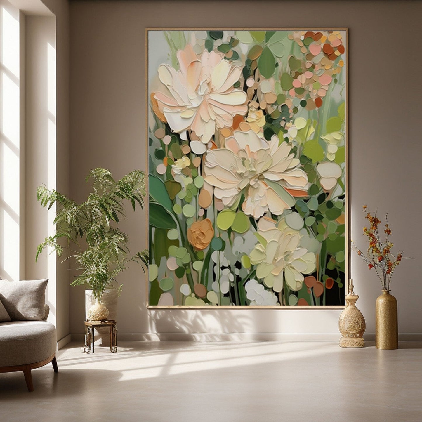 a large, colorful painting of flowers hanging on a wall in a room with a couch, potted plants, and a vase.