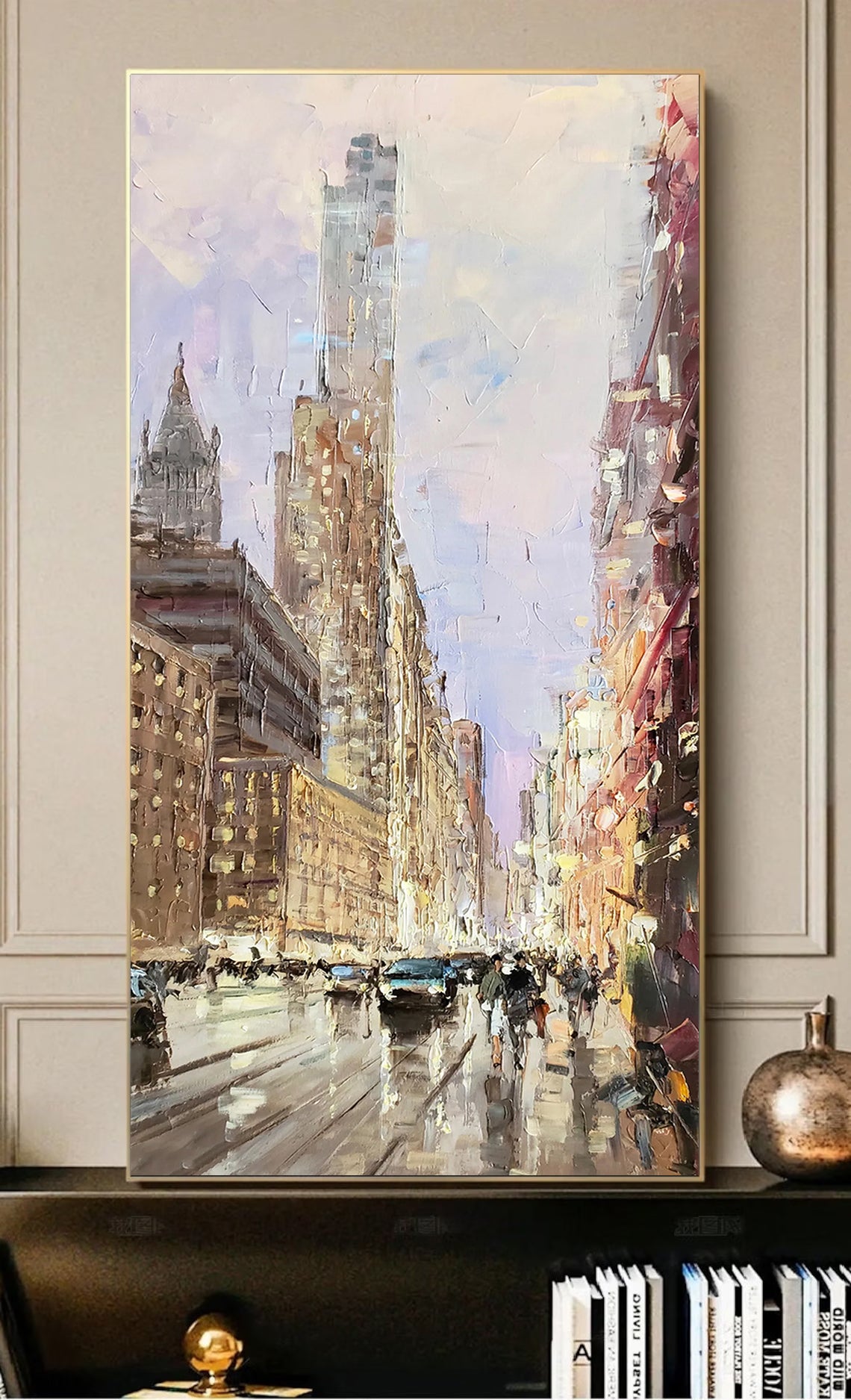 a painting of a city street in the rain