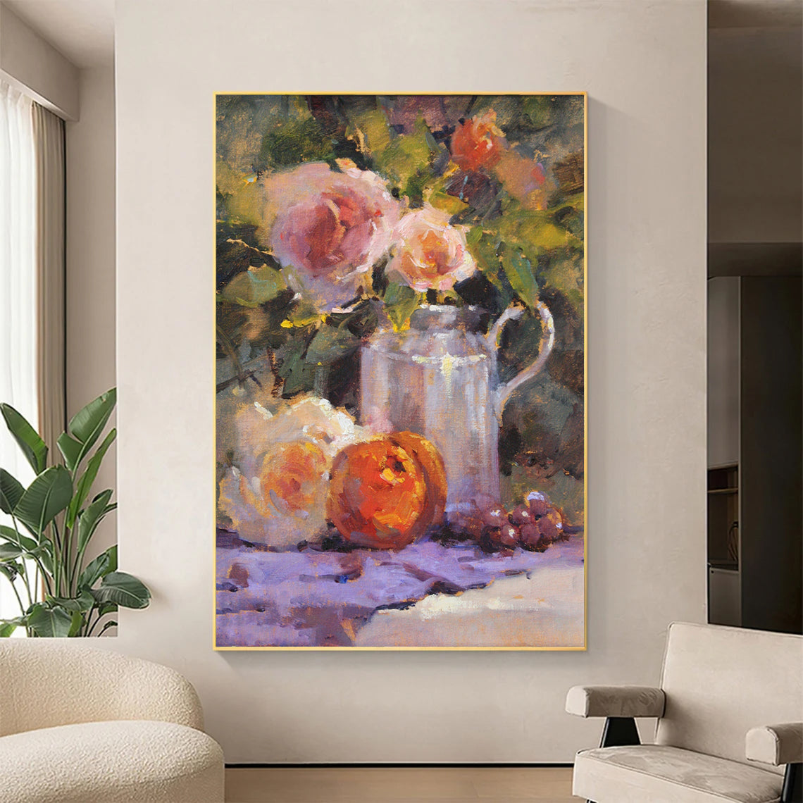 a painting of flowers in a vase on a table