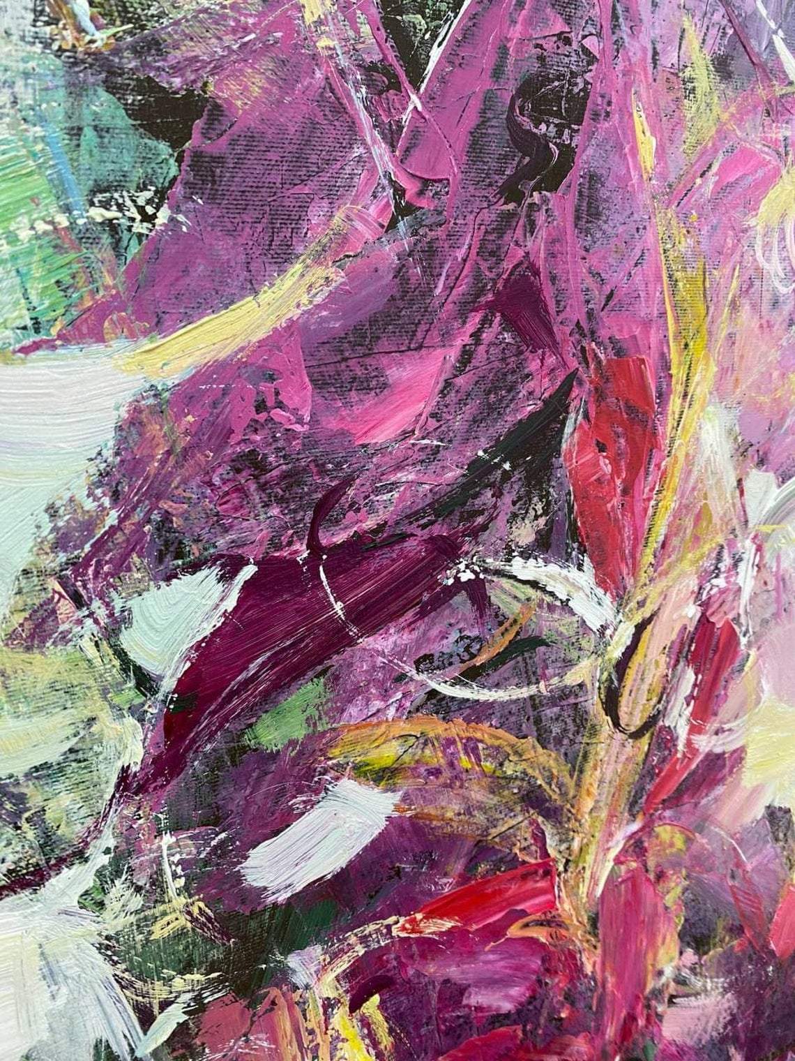 an abstract painting of pink and yellow flowers